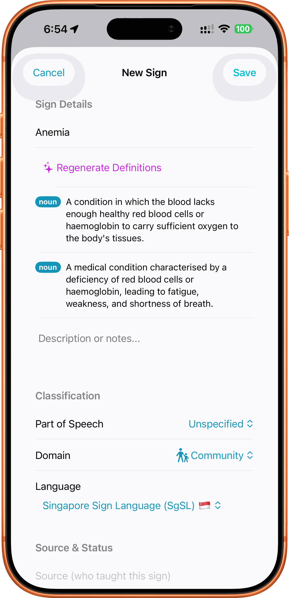 SignPrep New Sign screen for adding a glossary entry, with AI-suggested definitions and word types