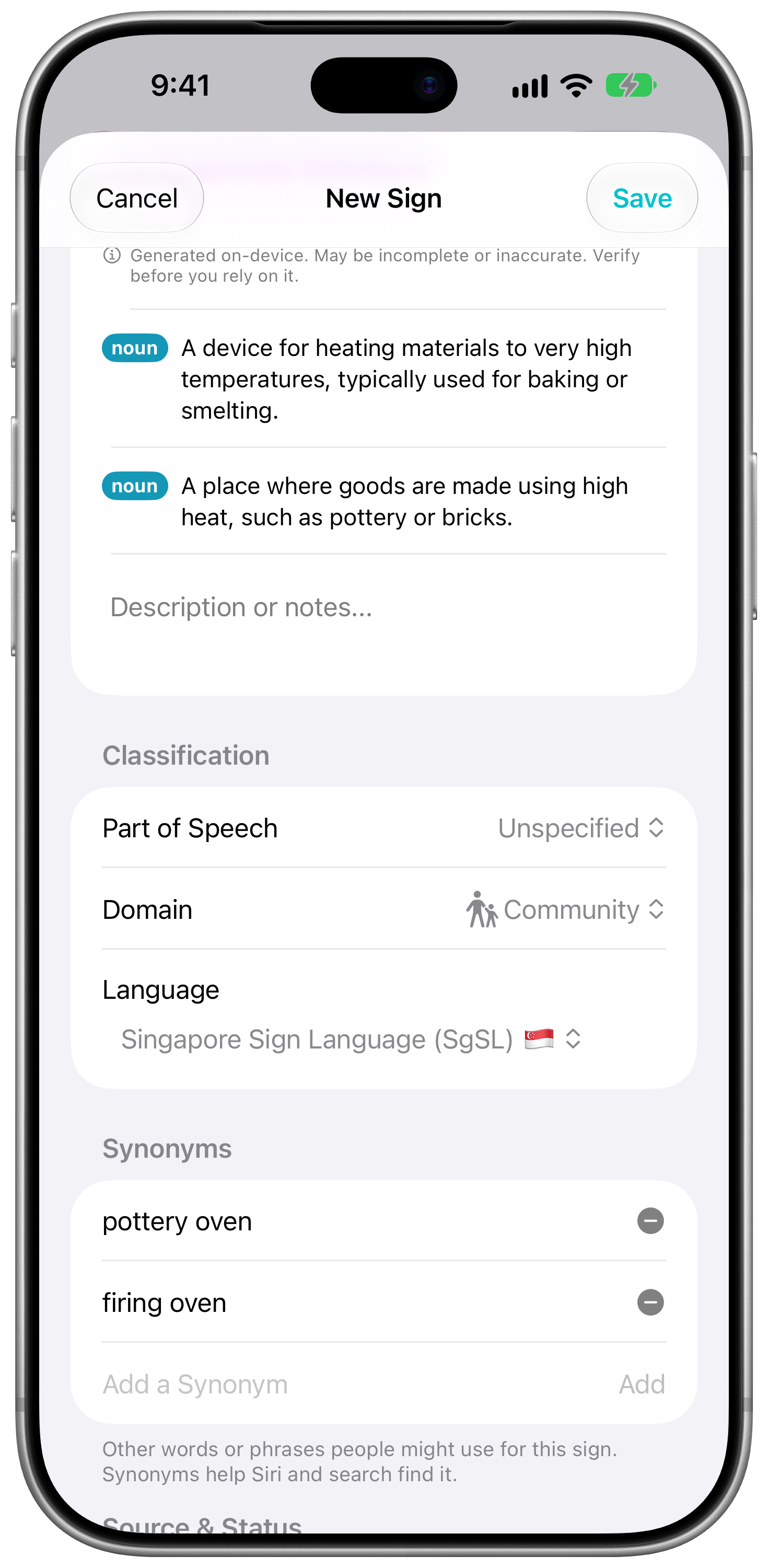SignPrep New Sign screen: a recorded sign video with its name, definition, word type and domain tag filled in