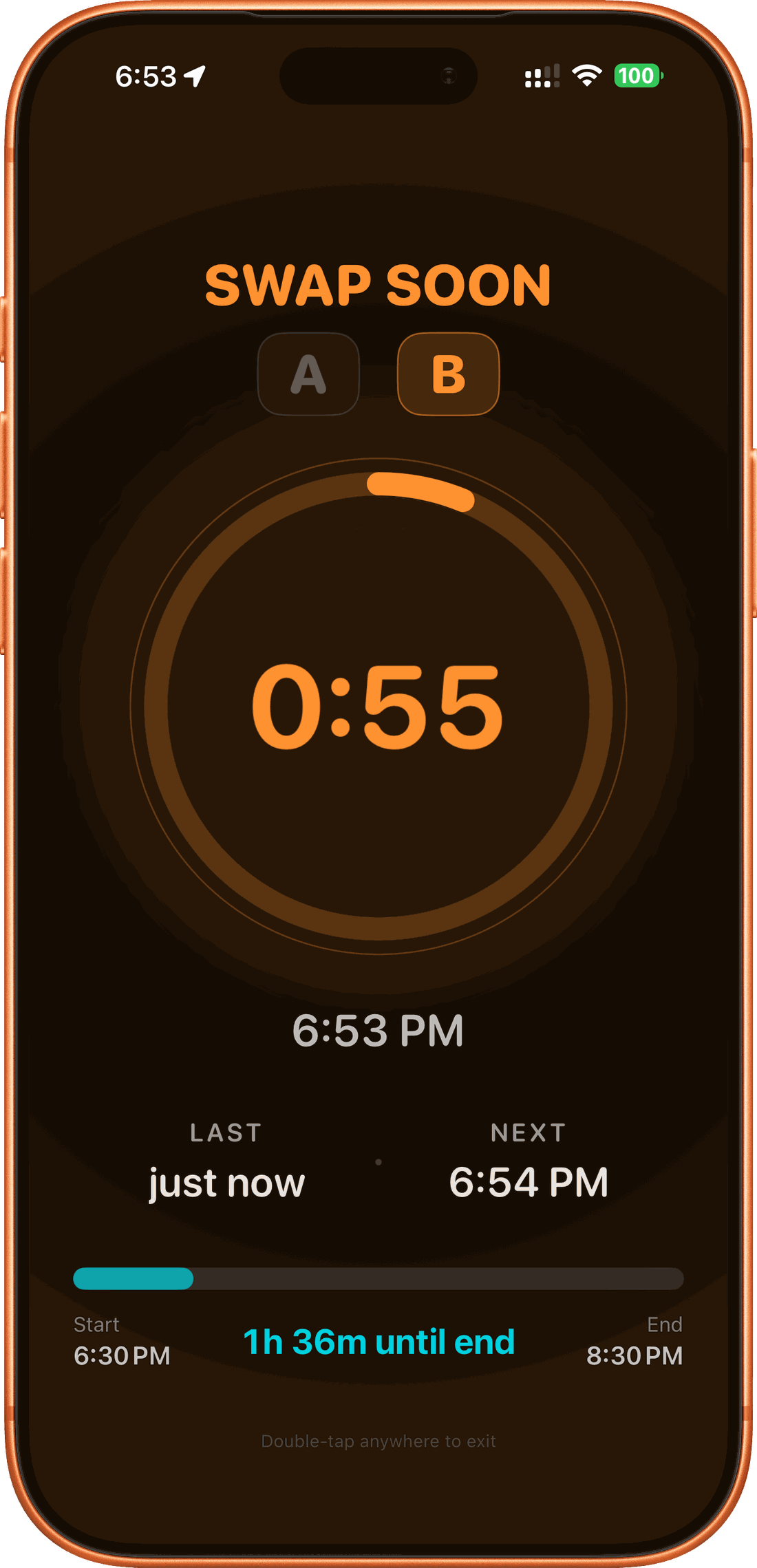 SignPrep Ambient Mode showing a full-screen live session with a large Swap Soon timer at fifty-five seconds and Interpreter A and B roles