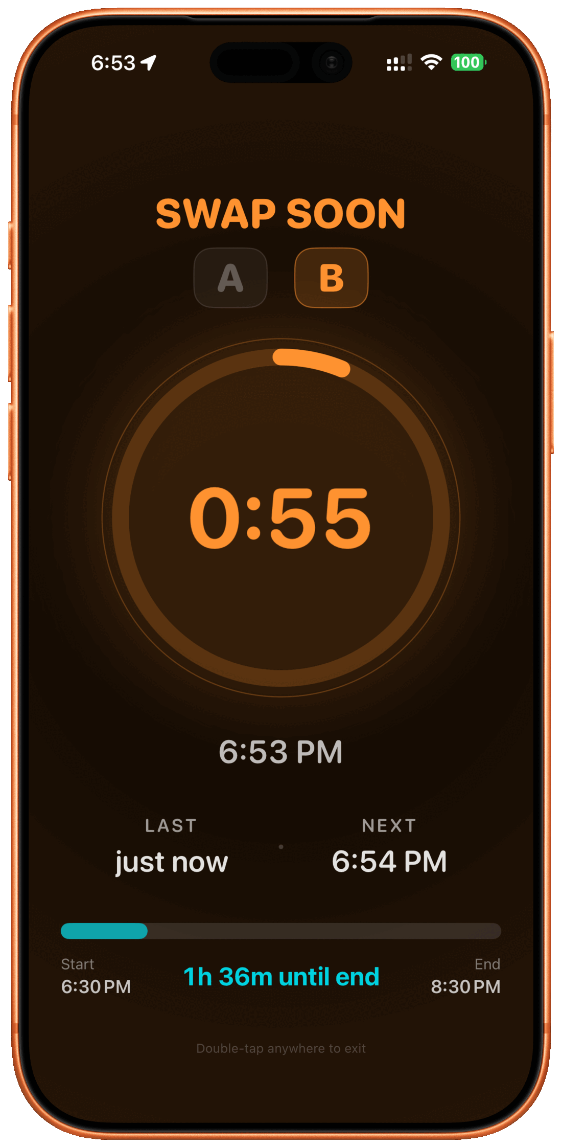 SignPrep Ambient Mode showing a full-screen live session with a large Swap Soon timer at fifty-five seconds and Interpreter A and B roles