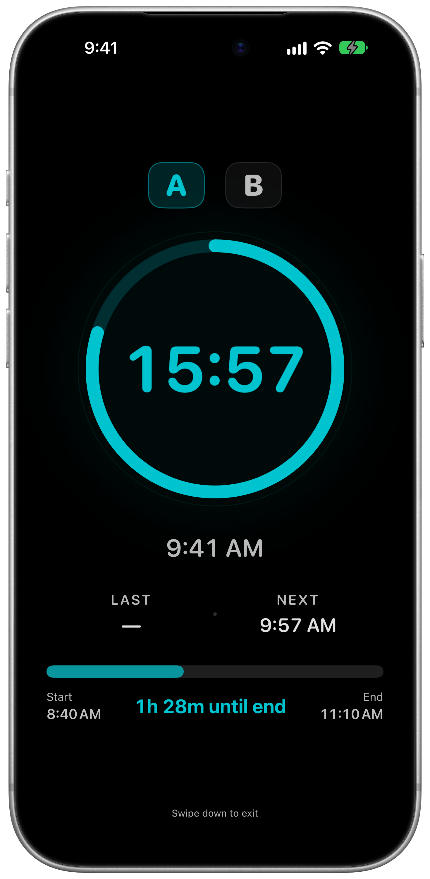 SignPrep Ambient Mode: a full-screen swap countdown with Interpreter A active, the next swap time and assignment progress