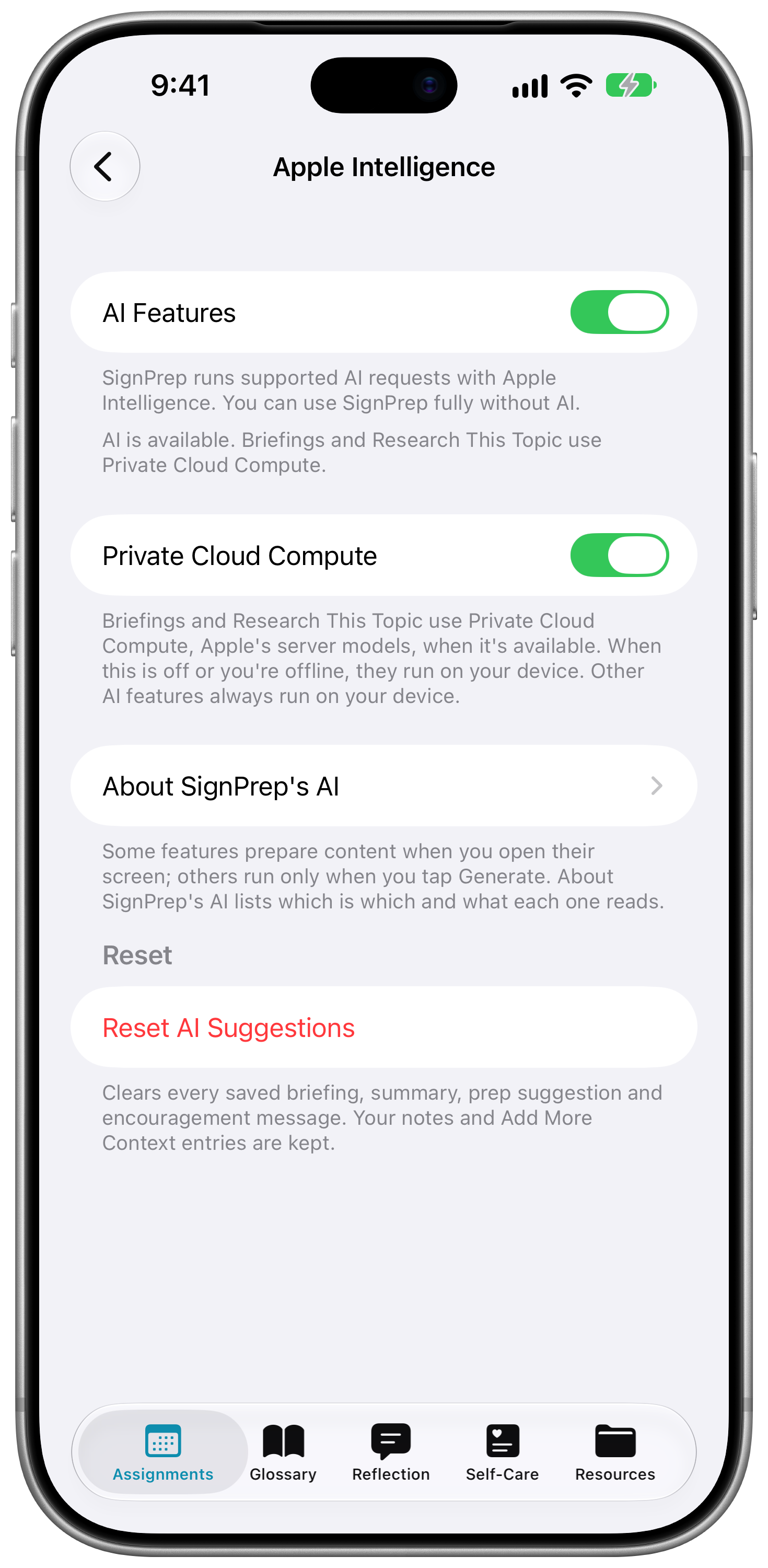 SignPrep’s Apple Intelligence settings with AI Features and Private Cloud Compute switched on, above About SignPrep’s AI