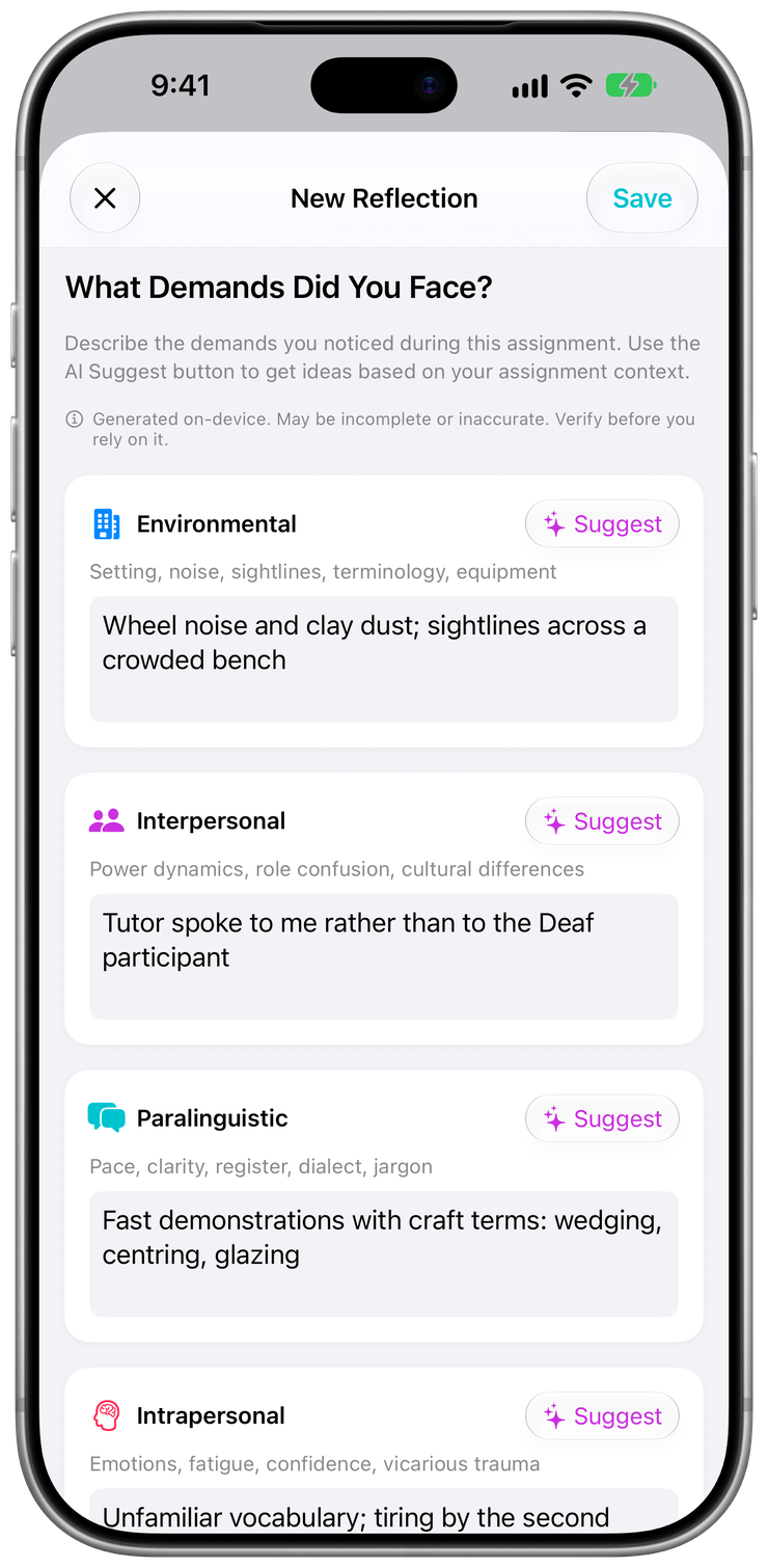 SignPrep New Reflection screen with Demand Control Schema prompts for environmental and interpersonal demands and AI suggestions