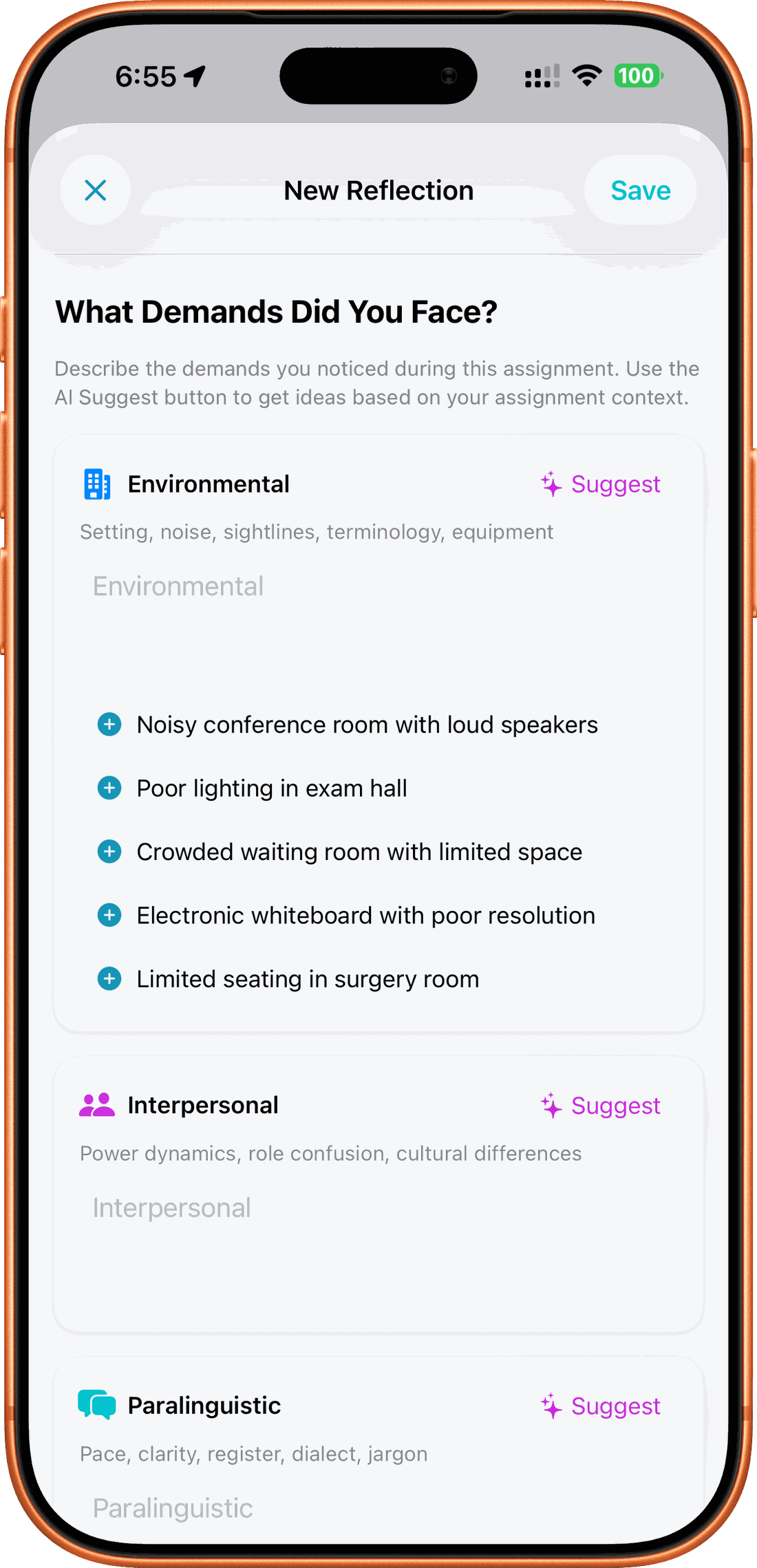 New Reflection screen with environmental and interpersonal demand prompts and AI suggestions