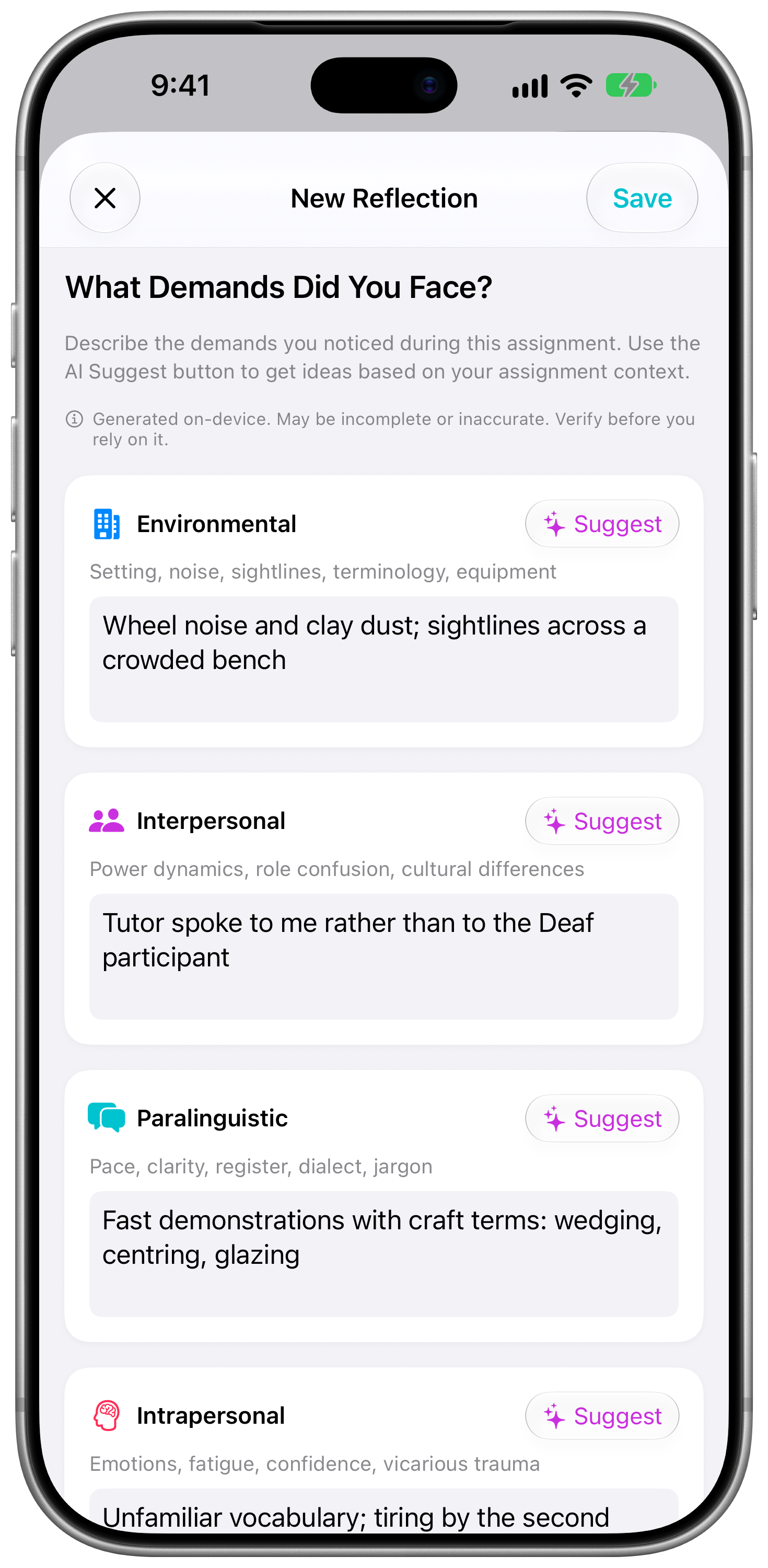 SignPrep New Reflection screen with Demand Control Schema prompts for environmental and interpersonal demands and AI suggestions