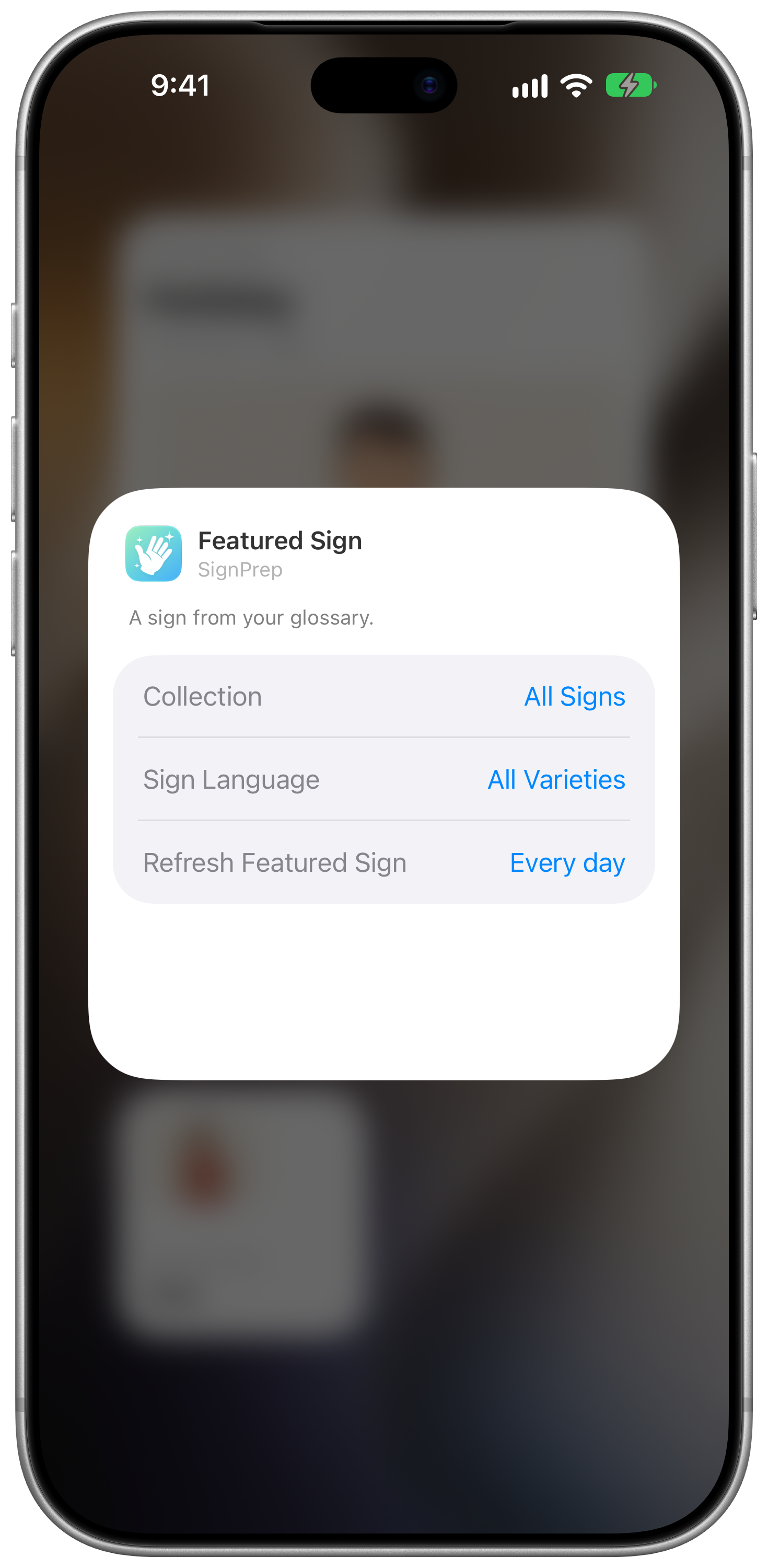 The Edit Widget sheet for Featured Sign: Collection and Sign Language, and Refresh Featured Sign set to Every day