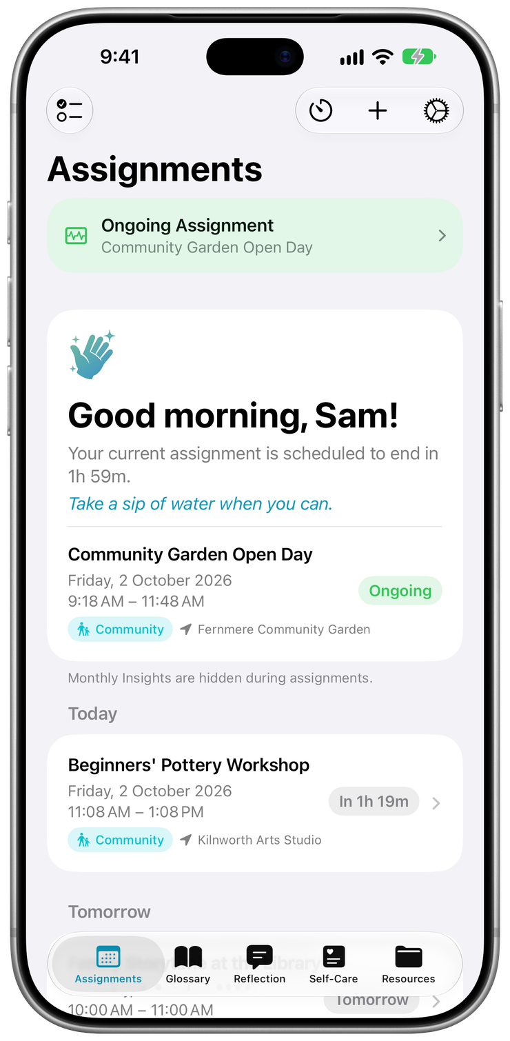 SignPrep on iPhone: the Assignments screen with a greeting, an ongoing assignment, and today’s and tomorrow’s assignments