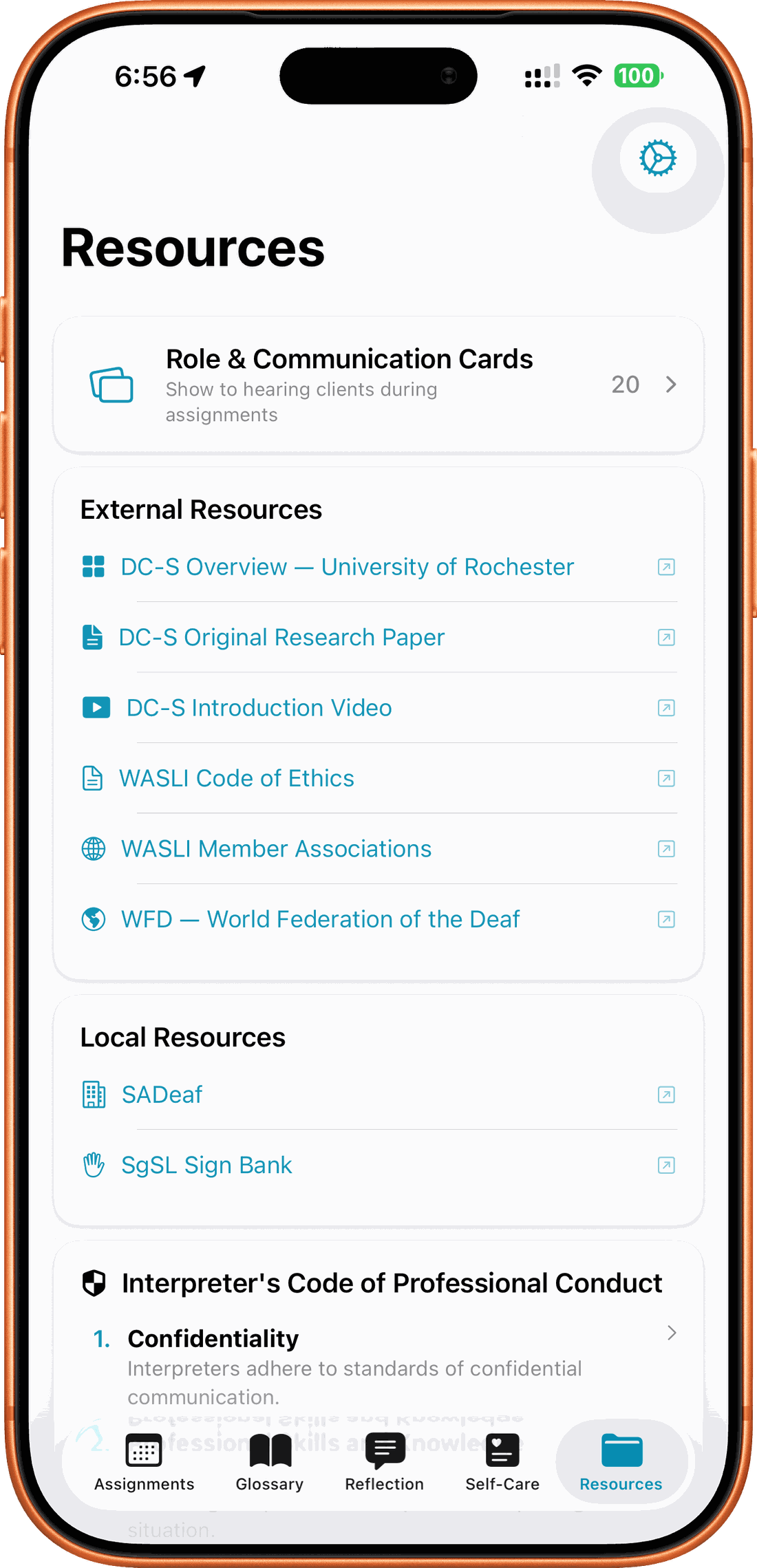 SignPrep Resources screen with the Code of Professional Conduct, role cards, and region-specific links