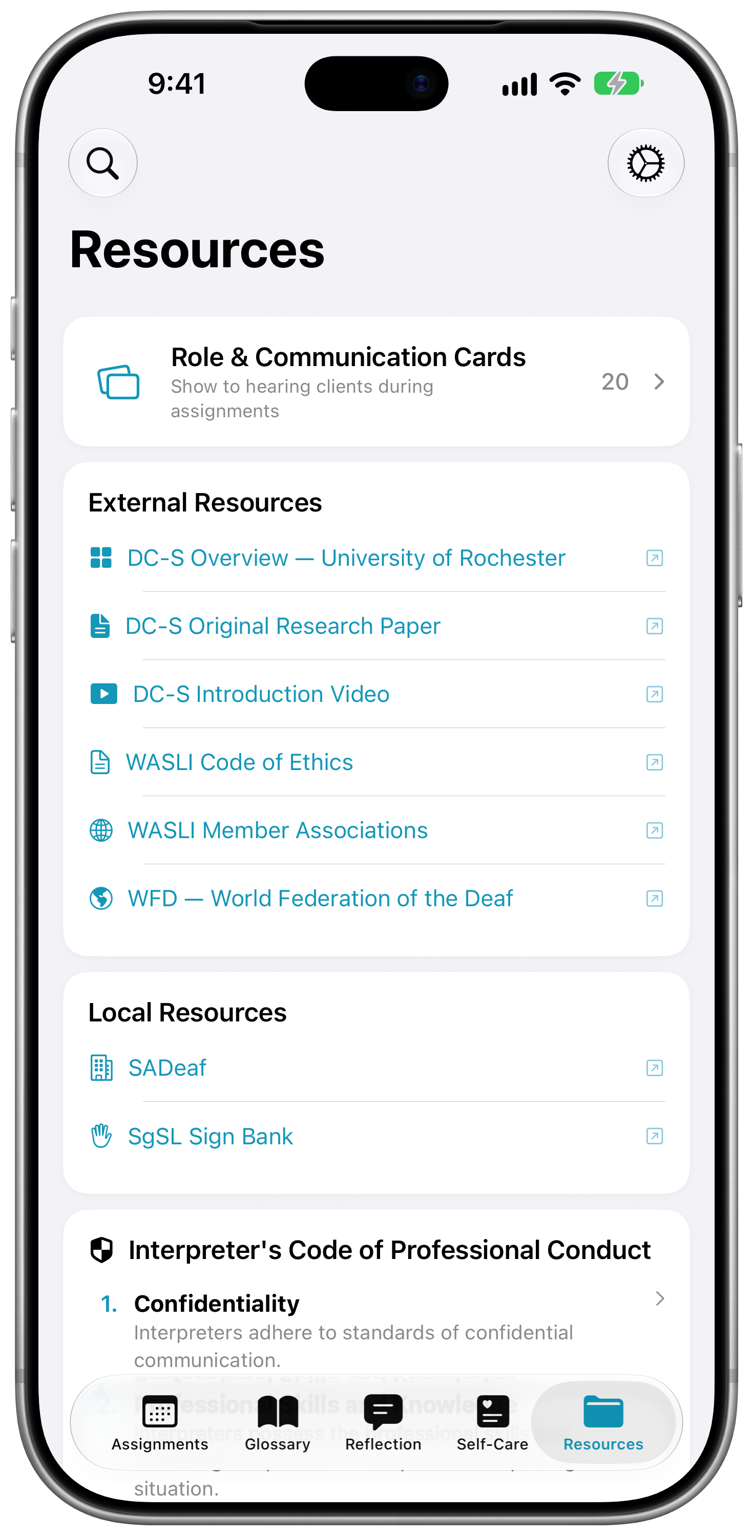 SignPrep Resources screen with the Code of Professional Conduct, role cards, and region-specific links