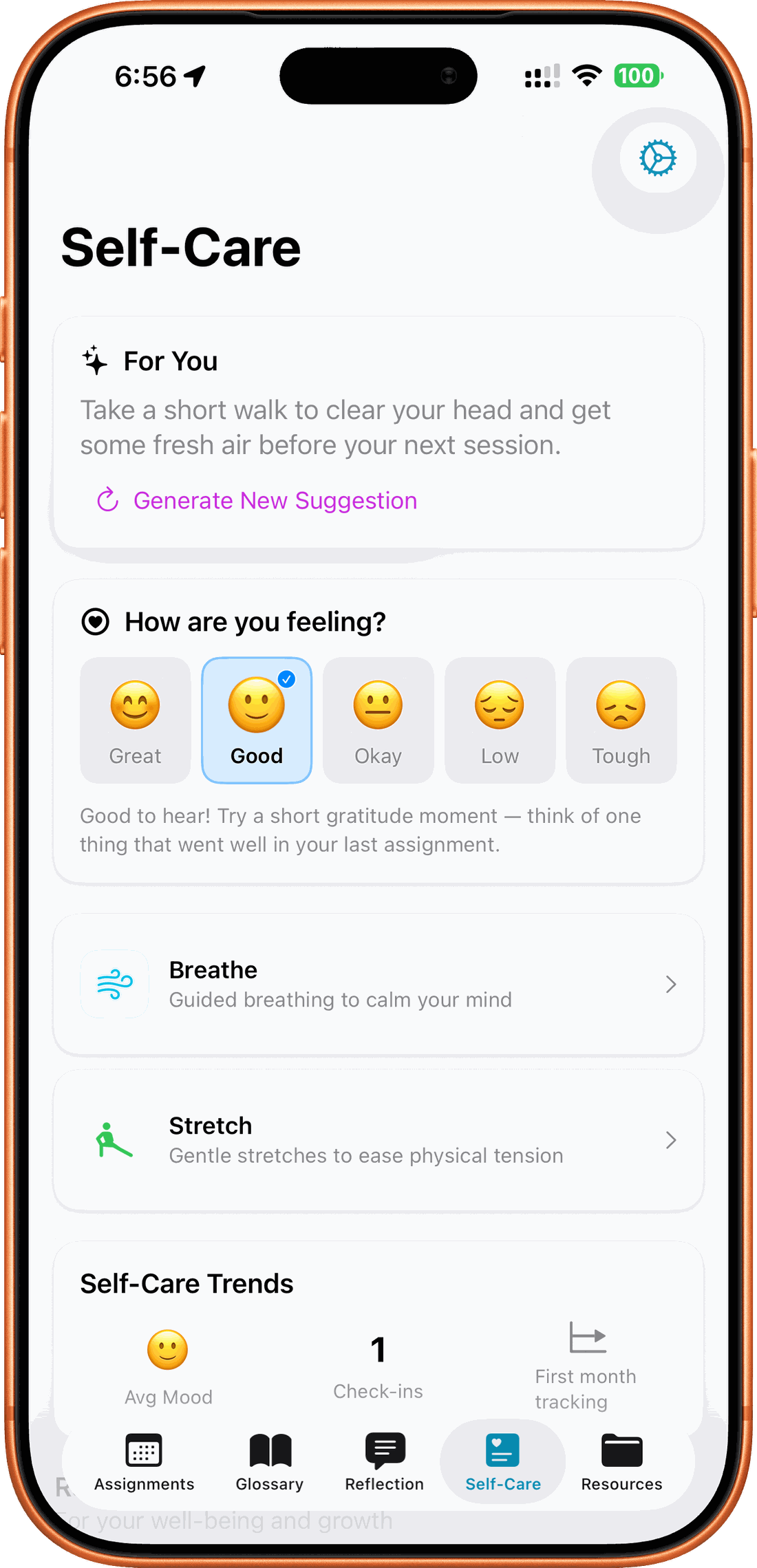 SignPrep Self-Care screen with mood check-in, guided breathing, and interpreter-specific stretches