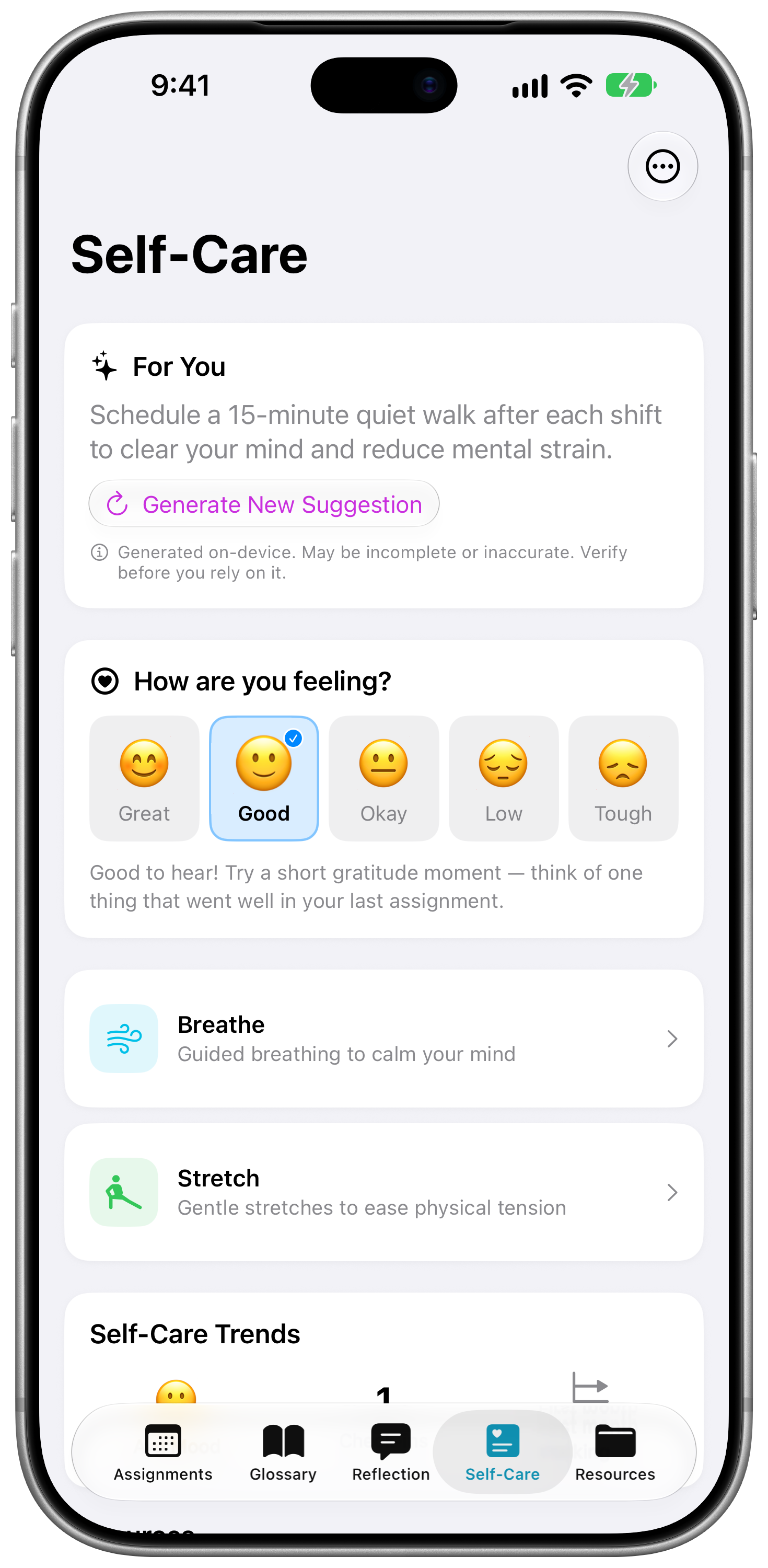SignPrep Self-Care screen with mood check-in, guided breathing, and interpreter-specific stretches