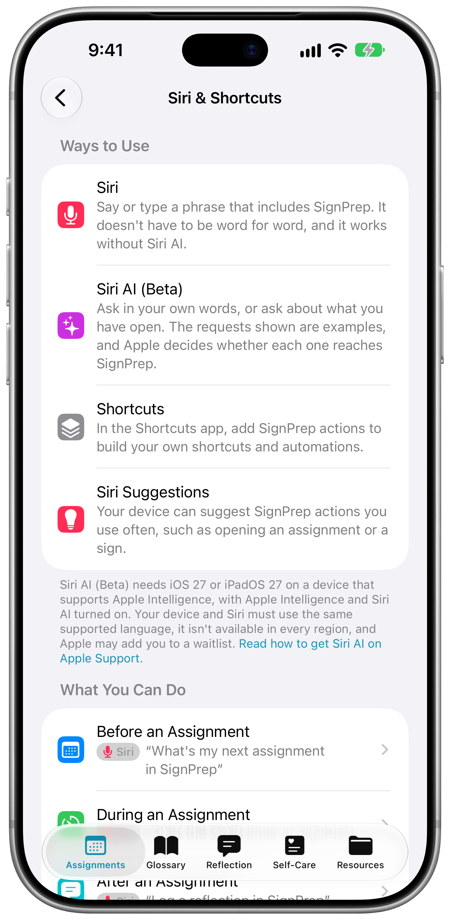 SignPrep’s Siri & Shortcuts page in Settings, with its Ways to Use and What You Can Do sections