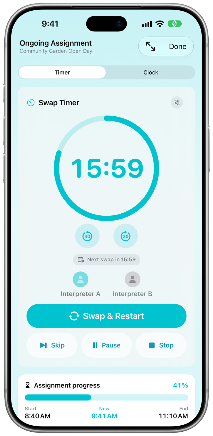 SignPrep Swap Timer in a Live Session: a large countdown ring, Interpreter A active, and Swap & Restart, Skip, Pause and Stop