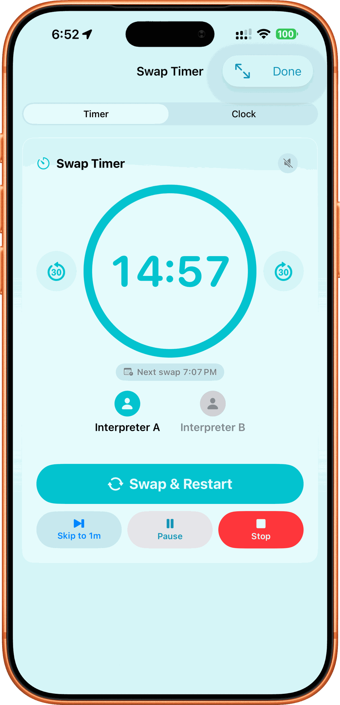 SignPrep Swap Timer showing a fourteen minute fifty-seven second countdown ring with Interpreter A active and Swap, Restart, Pause and Stop controls