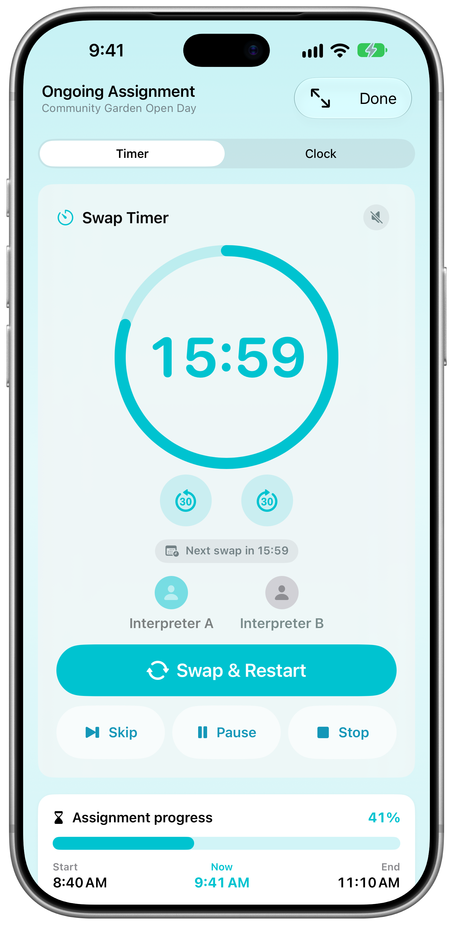 SignPrep Swap Timer in a Live Session: a large countdown ring, Interpreter A active, and Swap & Restart, Skip, Pause and Stop