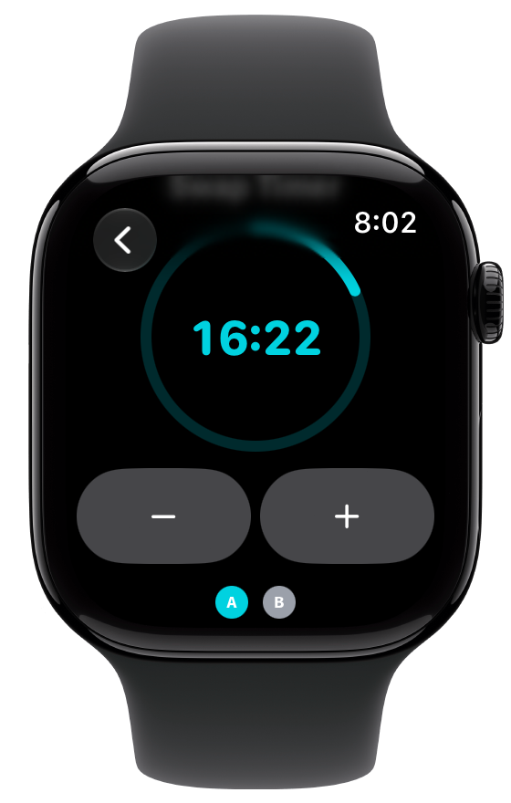 The Apple Watch Swap Timer running for an ongoing assignment, with the first interpreter active and the ring part way round